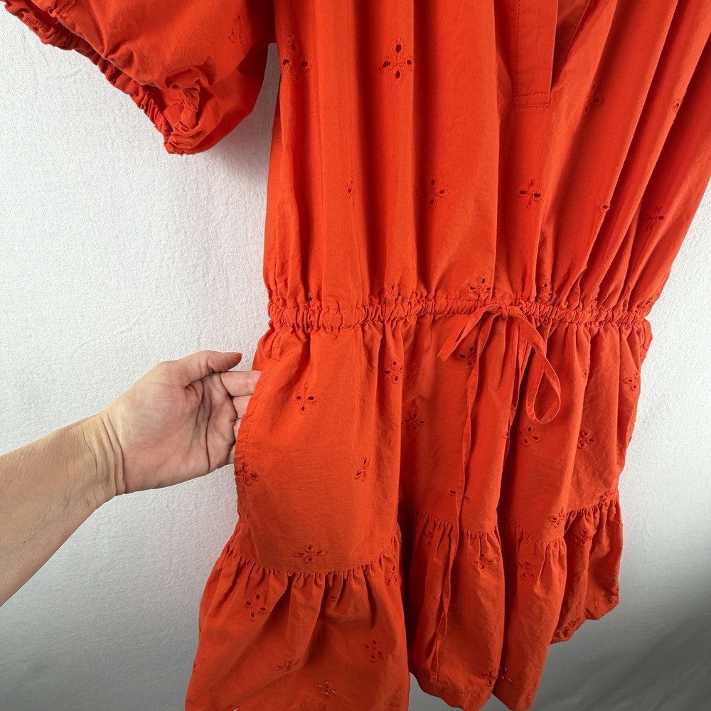 Free Assembly 100%‎ Cotton Eyelet Tiered Mini Dress Orange Puff Sleeve Cottage - Picture 3 of 10